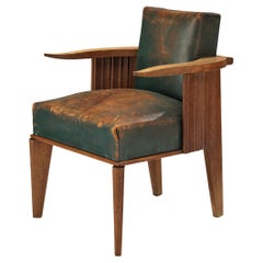 French Art Deco Armchair in Wood and Patinated Green Leather