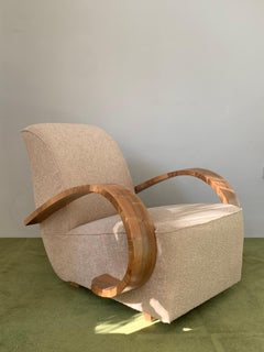 French Art-deco Armchair with Wooden Arm and Curly Taupe Fabric from 1930