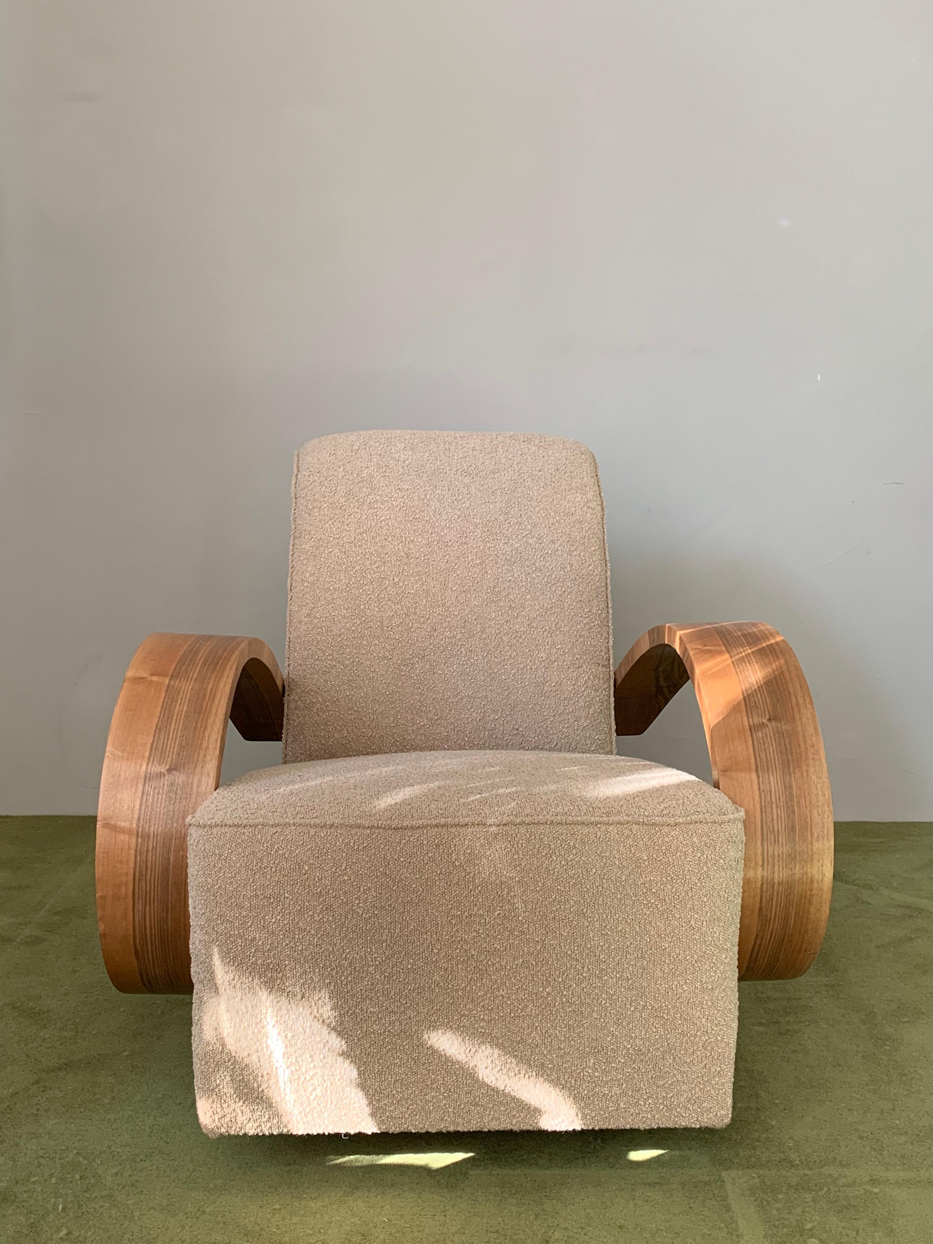 Art Deco French Art-deco Armchair with Wooden Arm and Curly Taupe Fabric from 1930 For Sale