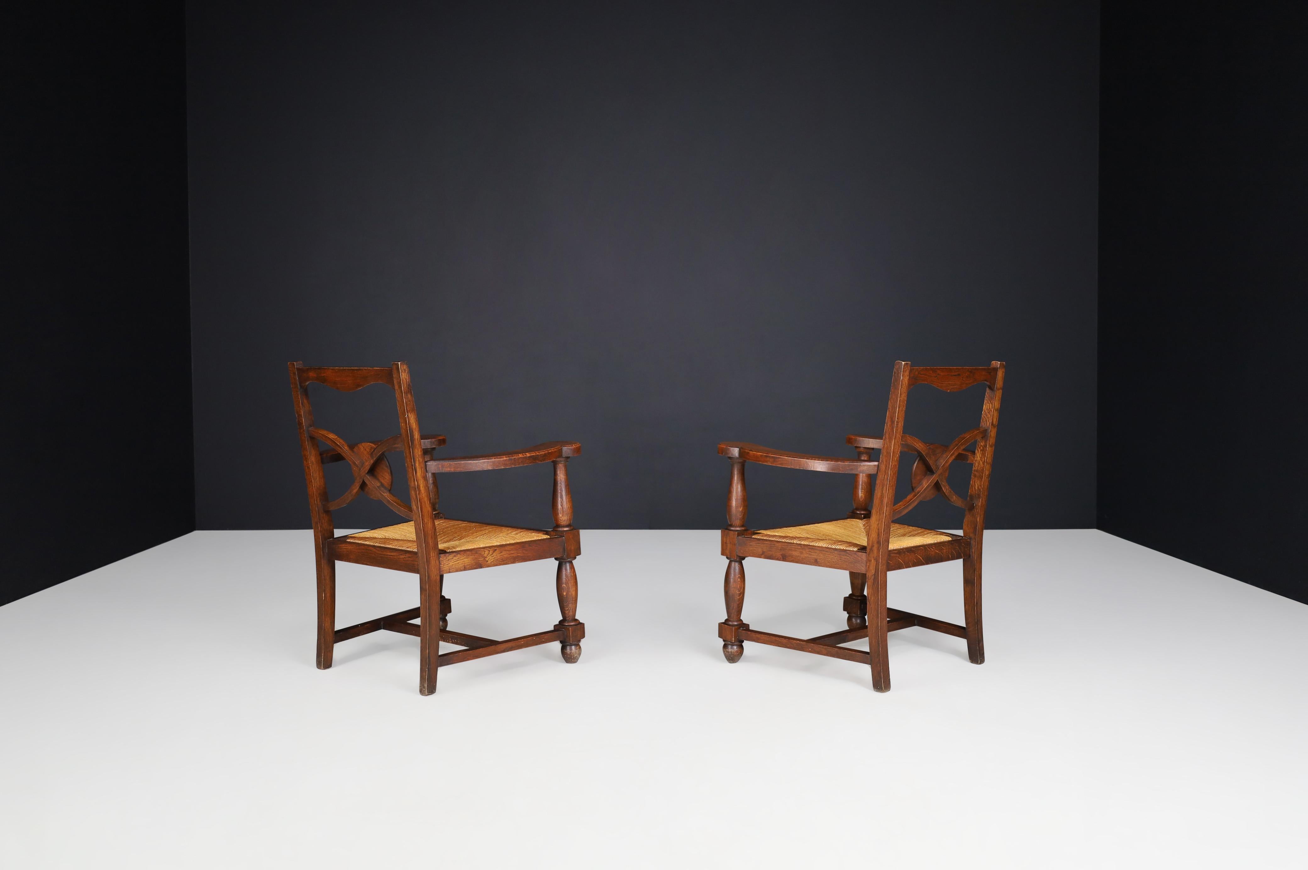 French Art Deco Armchairs in Oak and Rush For Sale 1