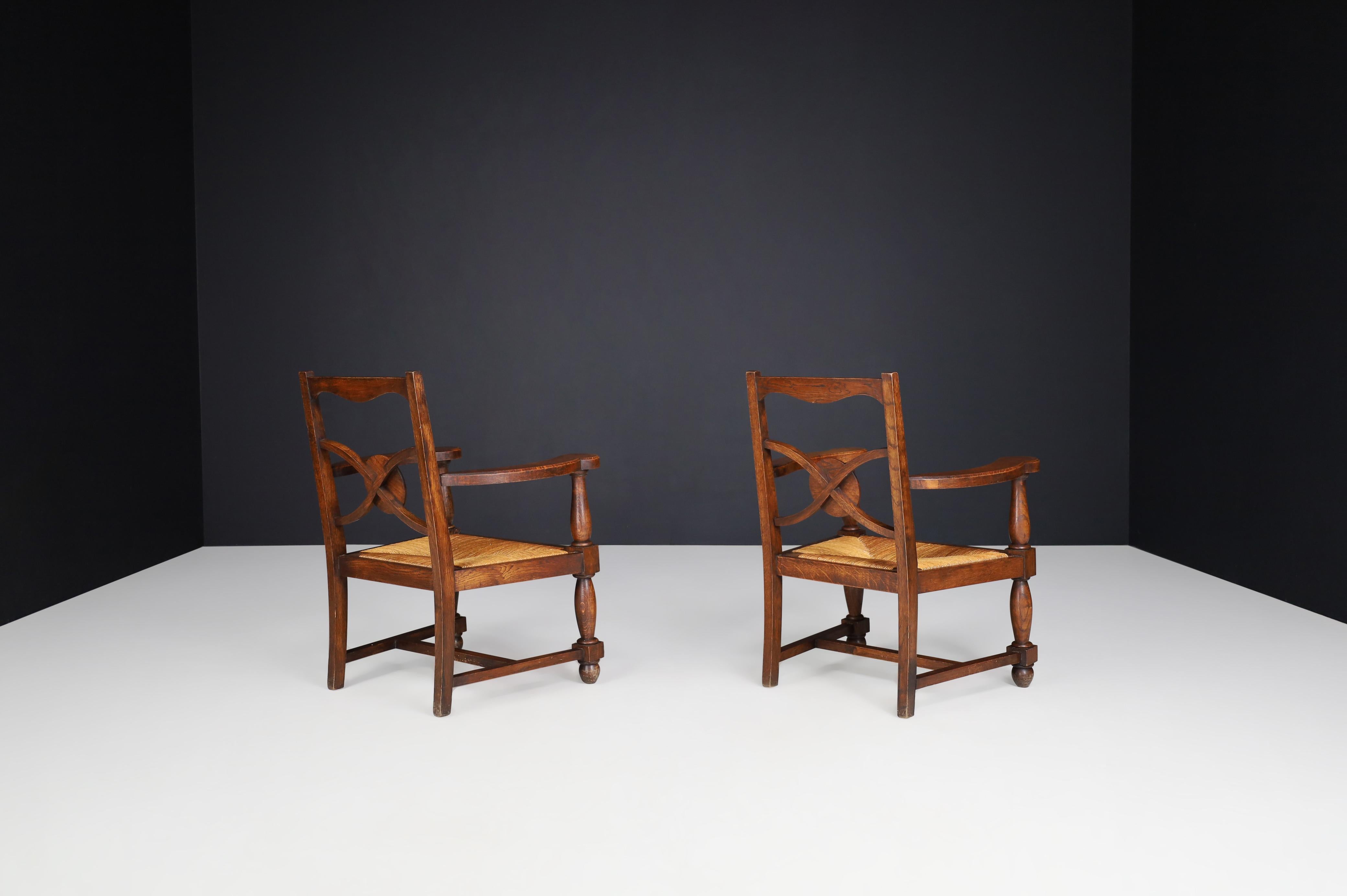 French Art Deco Armchairs in Oak and Rush For Sale 2