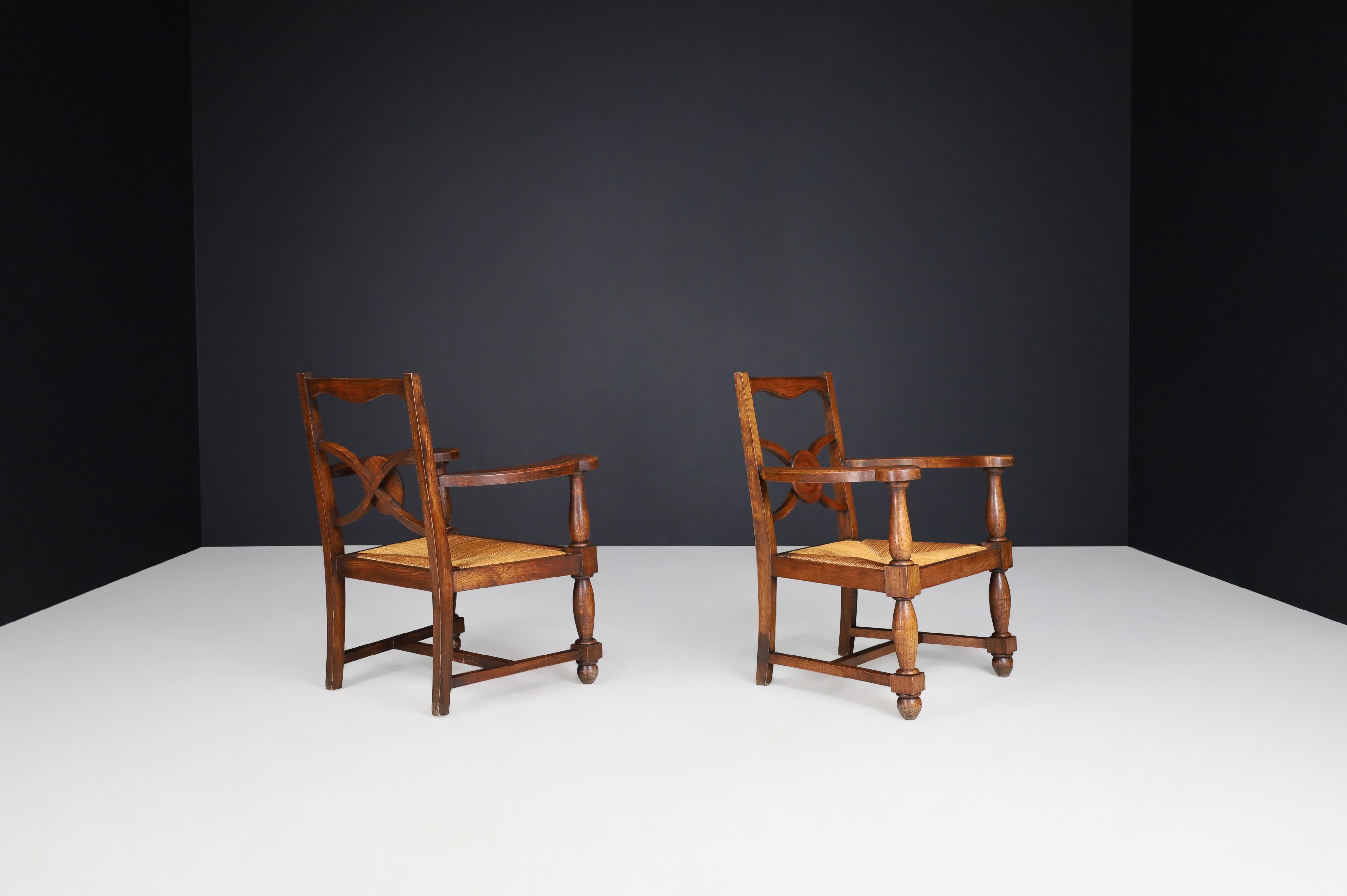 French Art Deco Armchairs in Oak and Rush For Sale 3