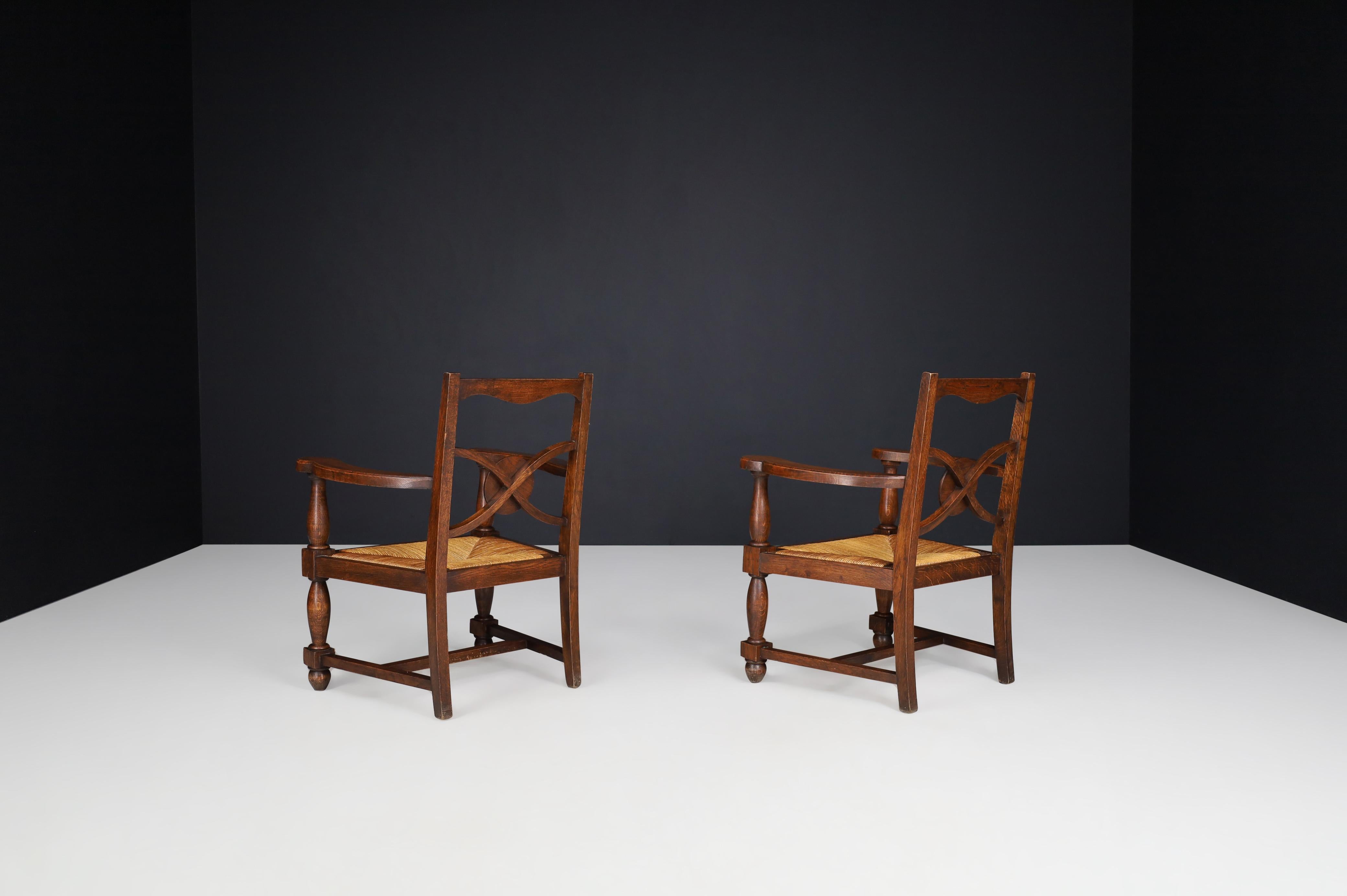 French Art Deco Armchairs in Oak and Rush For Sale 4