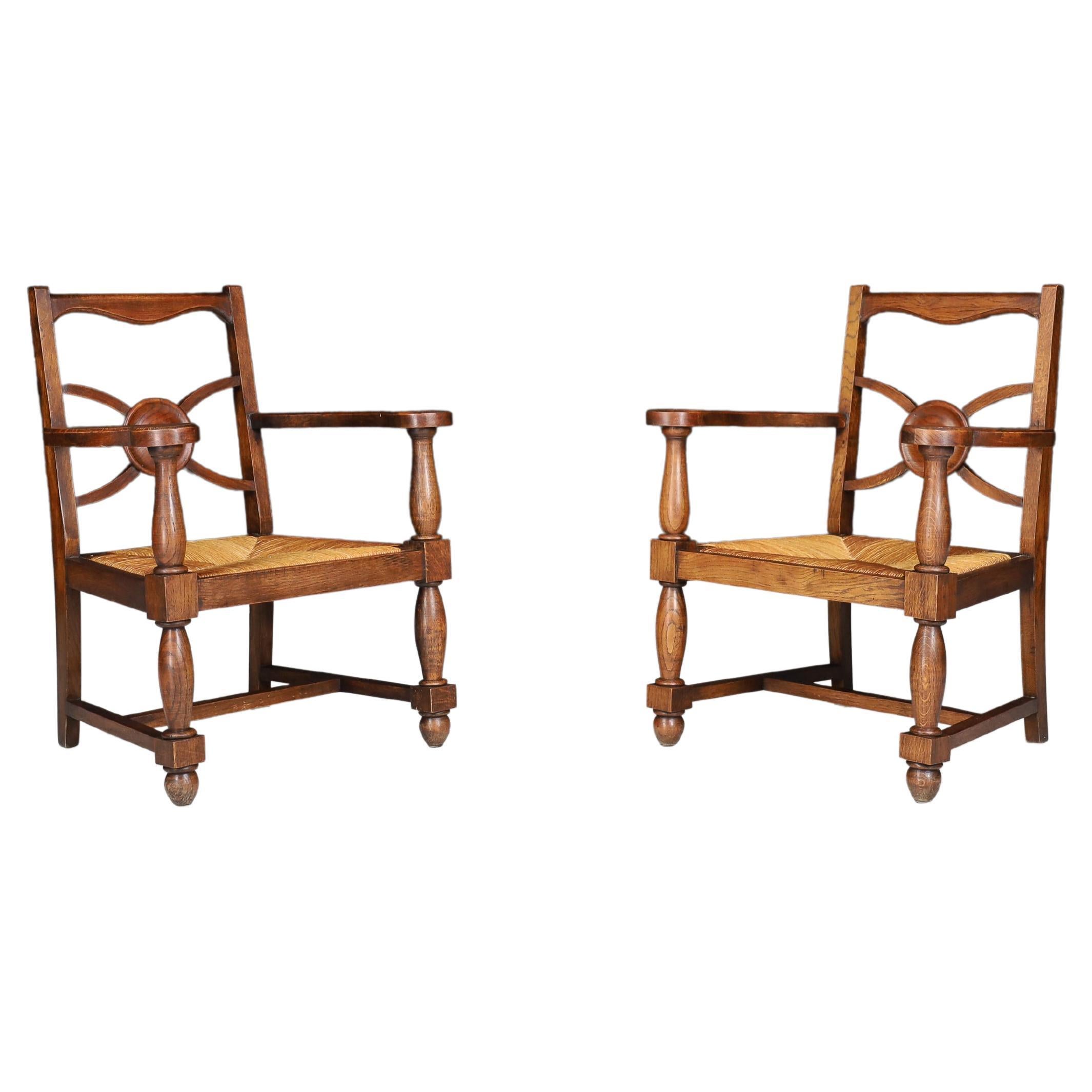 French Art Deco Armchairs in Oak and Rush For Sale