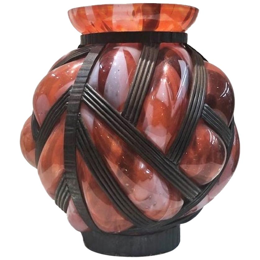 French Art Deco Art Glass and Wrought Iron Flower Vase, circa 1920s For Sale