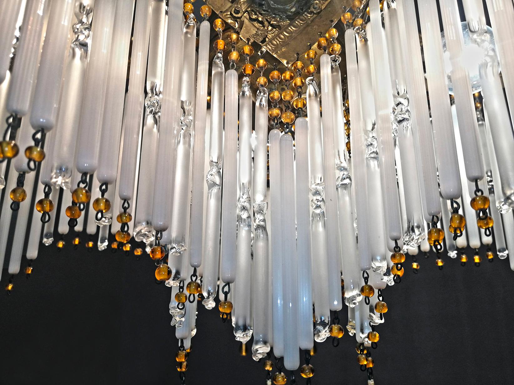 French Art Deco Art Nouveau Amber Beaded Crystal Fringe & Gilt Ornate Chandelier For Sale 5