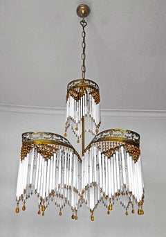 French Art Deco Art Nouveau Amber Beaded Crystal Fringe & Gilt Ornate Chandelier