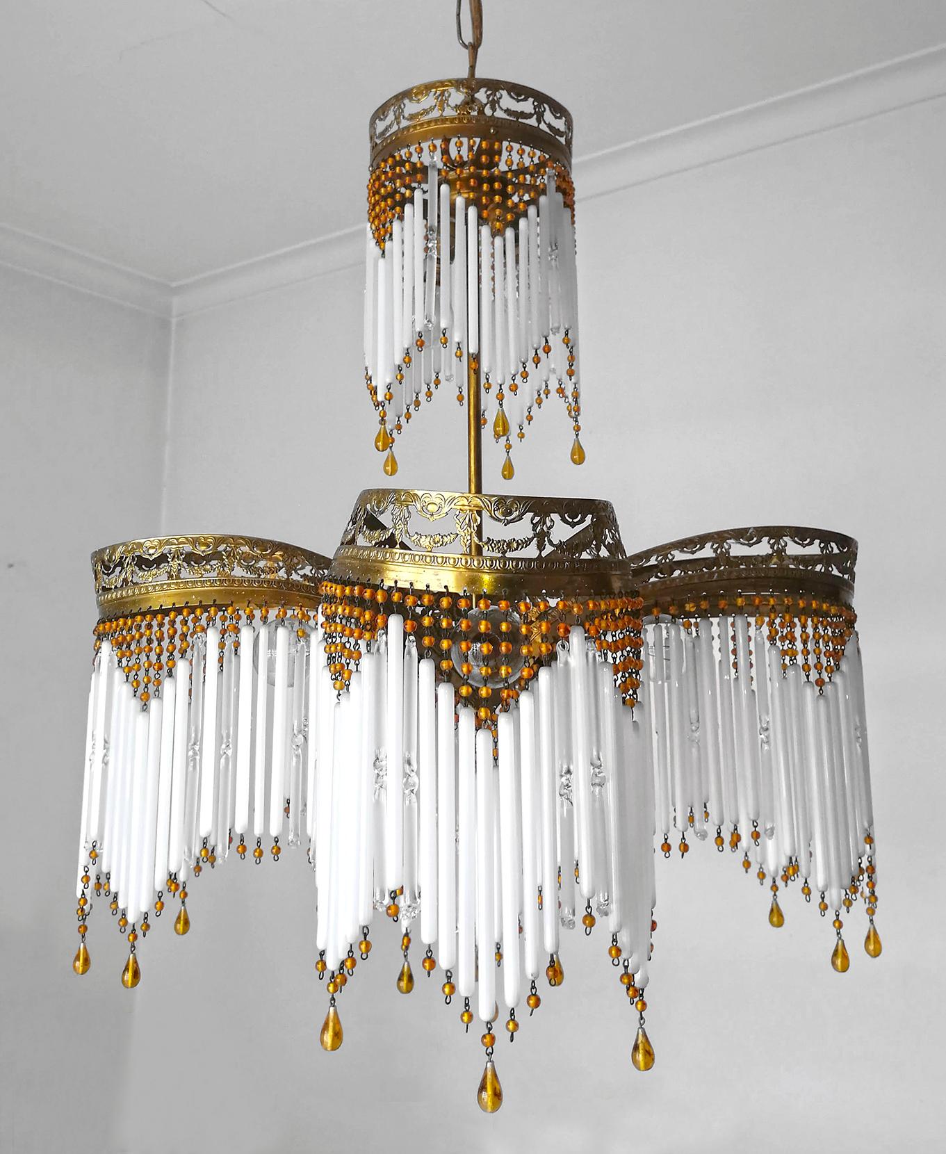 Hollywood Regency French Art Deco Art Nouveau Amber Beaded Crystal Fringe & Gilt Ornate Chandelier For Sale