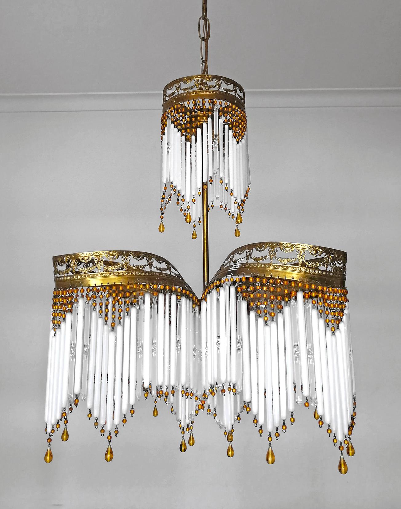 20th Century French Art Deco Art Nouveau Amber Beaded Crystal Fringe & Gilt Ornate Chandelier For Sale
