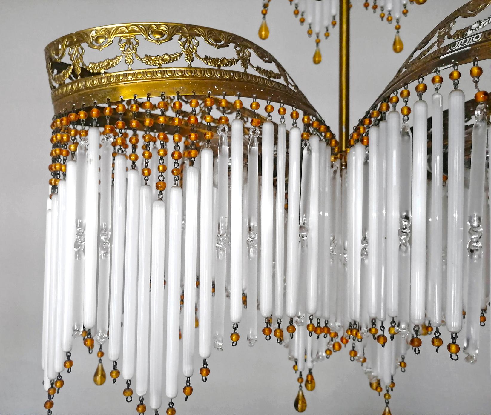 French Art Deco Art Nouveau Amber Beaded Crystal Fringe & Gilt Ornate Chandelier For Sale 2