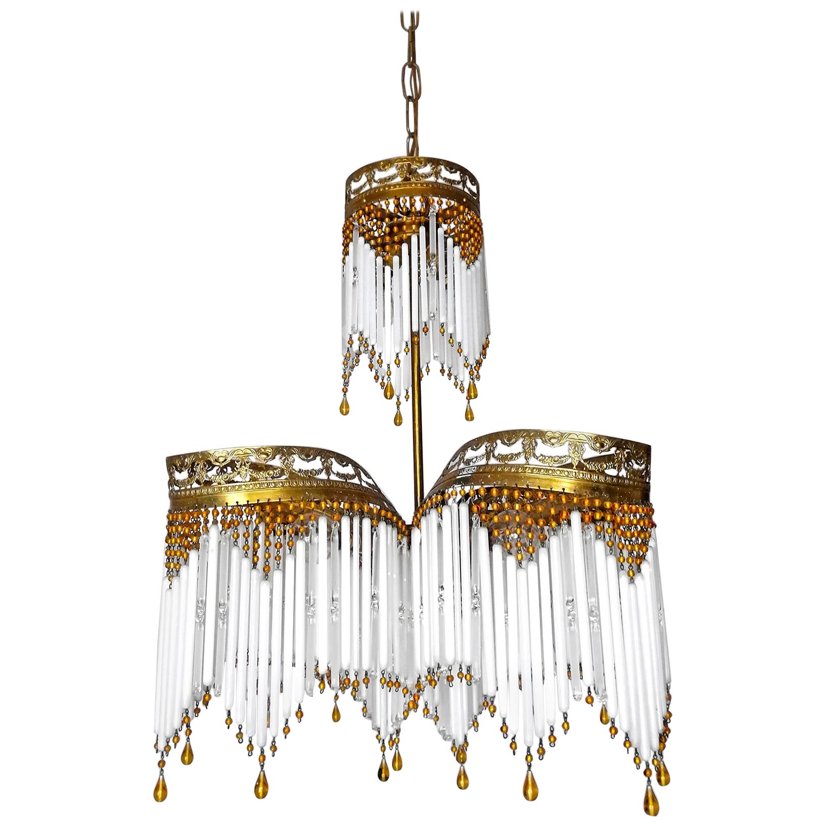 French Art Deco Art Nouveau Amber Beaded Crystal Fringe & Gilt Ornate Chandelier For Sale