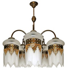 French Art Deco & Art Nouveau Amber Beaded Fringe & Cut Glass Globes Chandelier