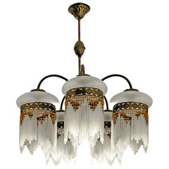 Retro French Art Deco & Art Nouveau Amber Beaded Fringe & Cut Glass Globes Chandelier