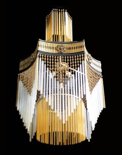 French Art Deco, Art Nouveau Amber Beaded & Glass Fringe Gilt 4-Light Chandelier