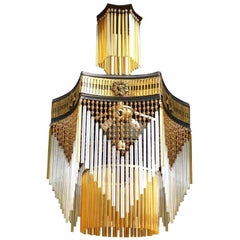 French Art Deco, Art Nouveau Amber Beaded & Glass Fringe Gilt 4-Light Chandelier