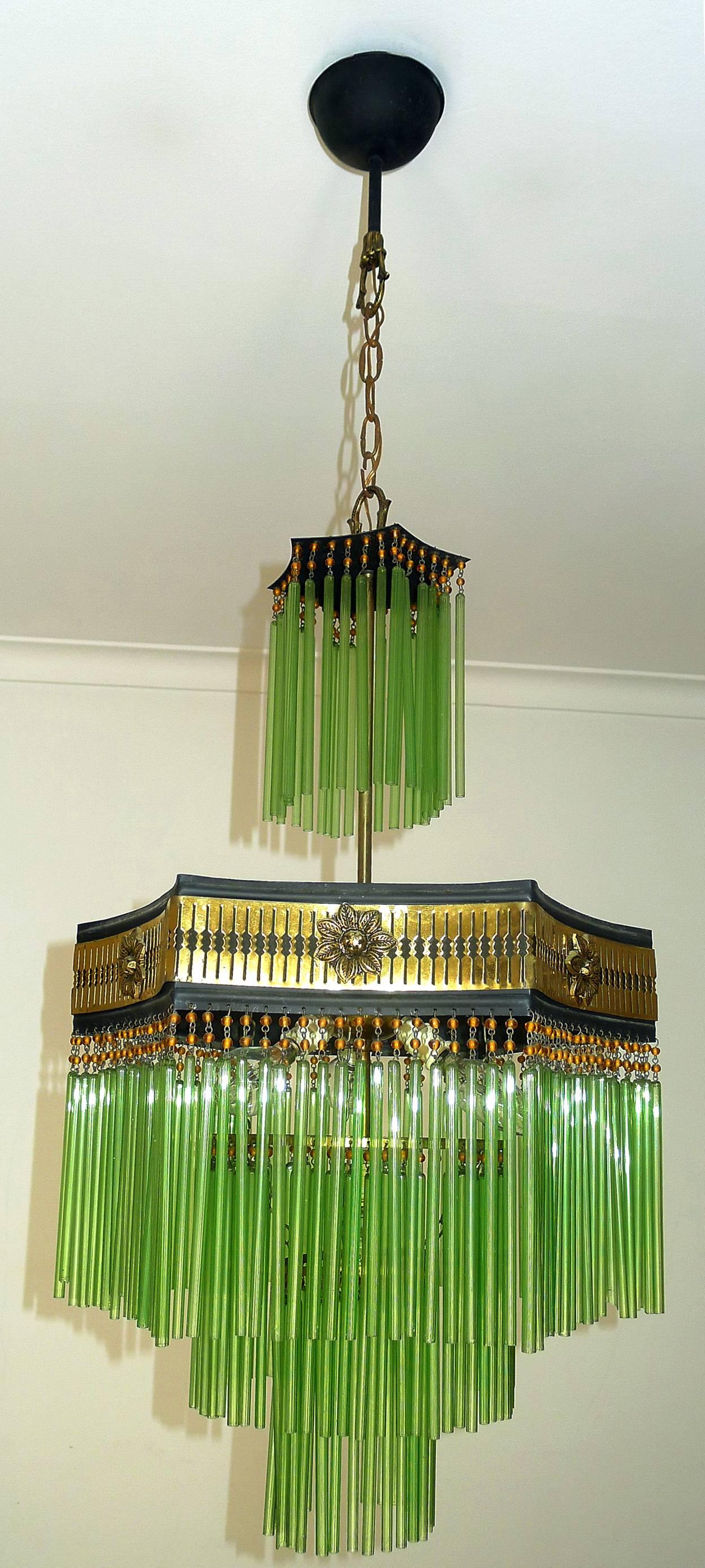 Hollywood Regency French Art Deco & Art Nouveau Amber Beaded & Green Glass Fringe Gilt Chandelier