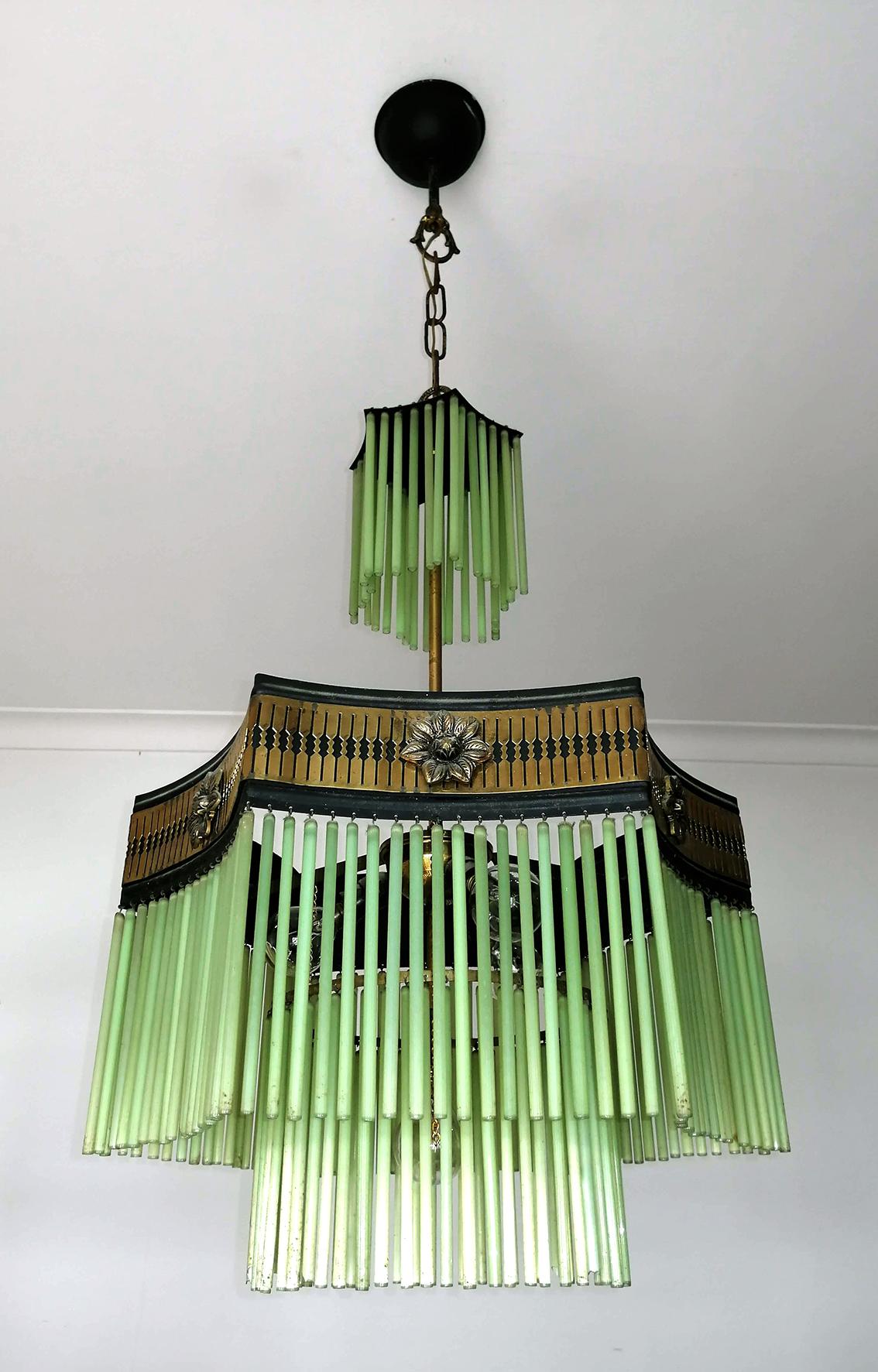 Hollywood Regency French Art Deco & Art Nouveau Green Glass Fringe Gilt Chandelier