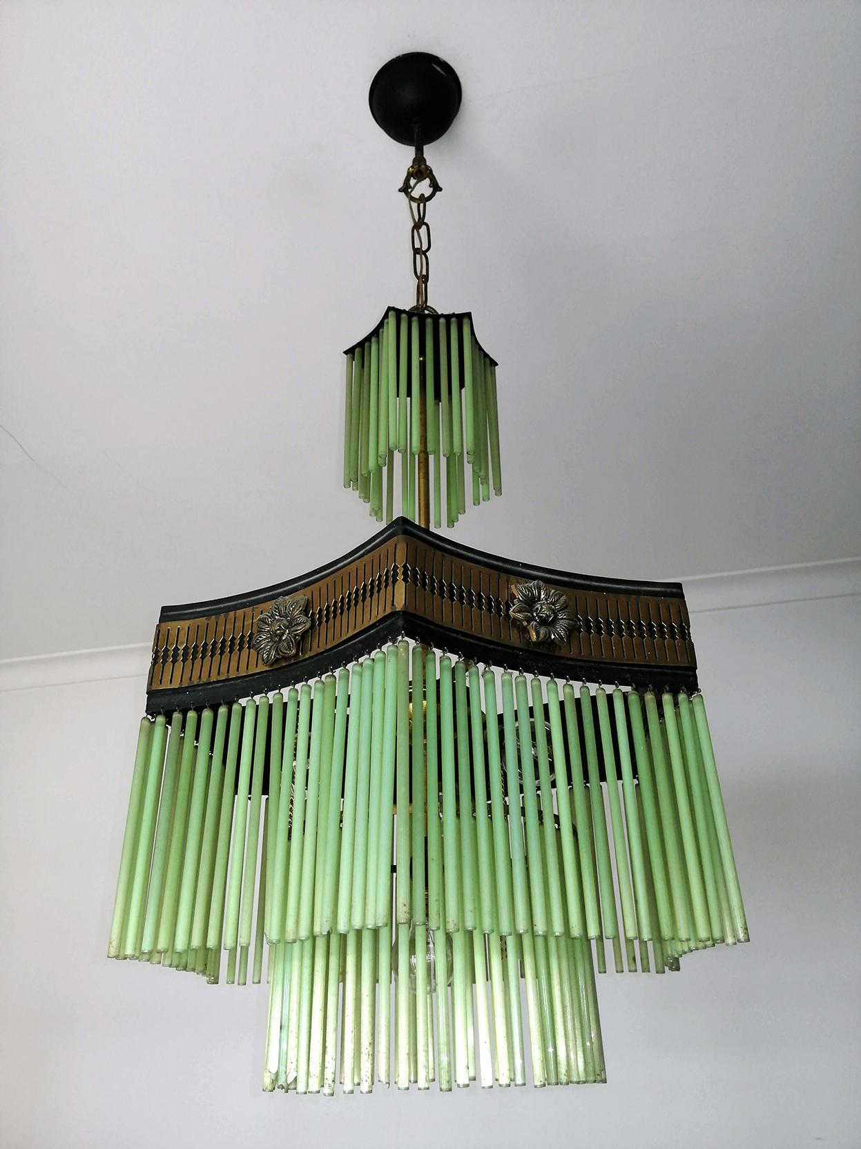 Beaded French Art Deco & Art Nouveau Green Glass Fringe Gilt Chandelier