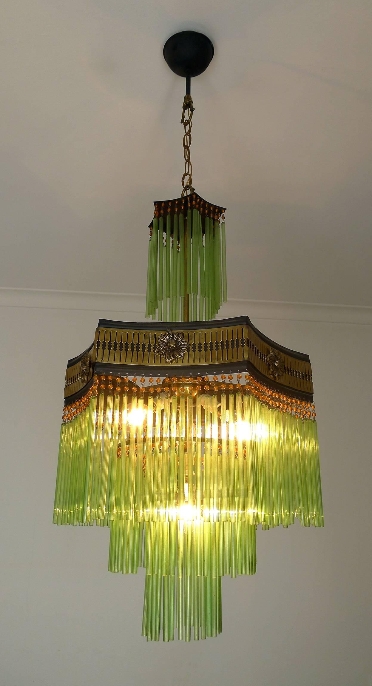 Metal French Art Deco & Art Nouveau Amber Beaded & Green Glass Fringe Gilt Chandelier