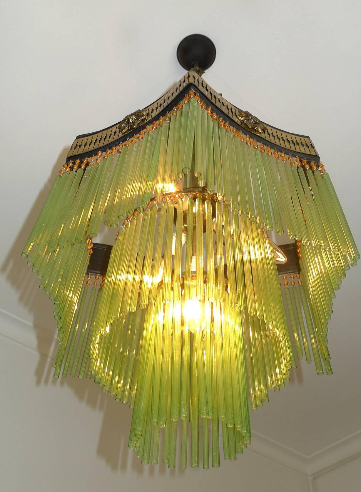 French Art Deco and Art Nouveau Amber Beaded and Green Glass Fringe