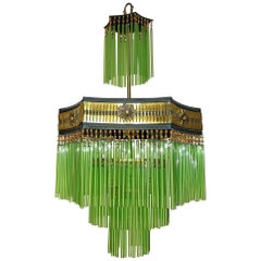 French Art Deco & Art Nouveau Amber Beaded & Green Glass Fringe Gilt Chandelier