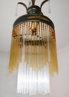 Art Deco & Art Nouveau Amber Straw Fringe & Beaded Glass Chandelier, circa 1920