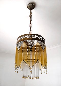 French Art Deco & Art Nouveau Amber Straw Fringe & Beaded Glass Chandelier c1920