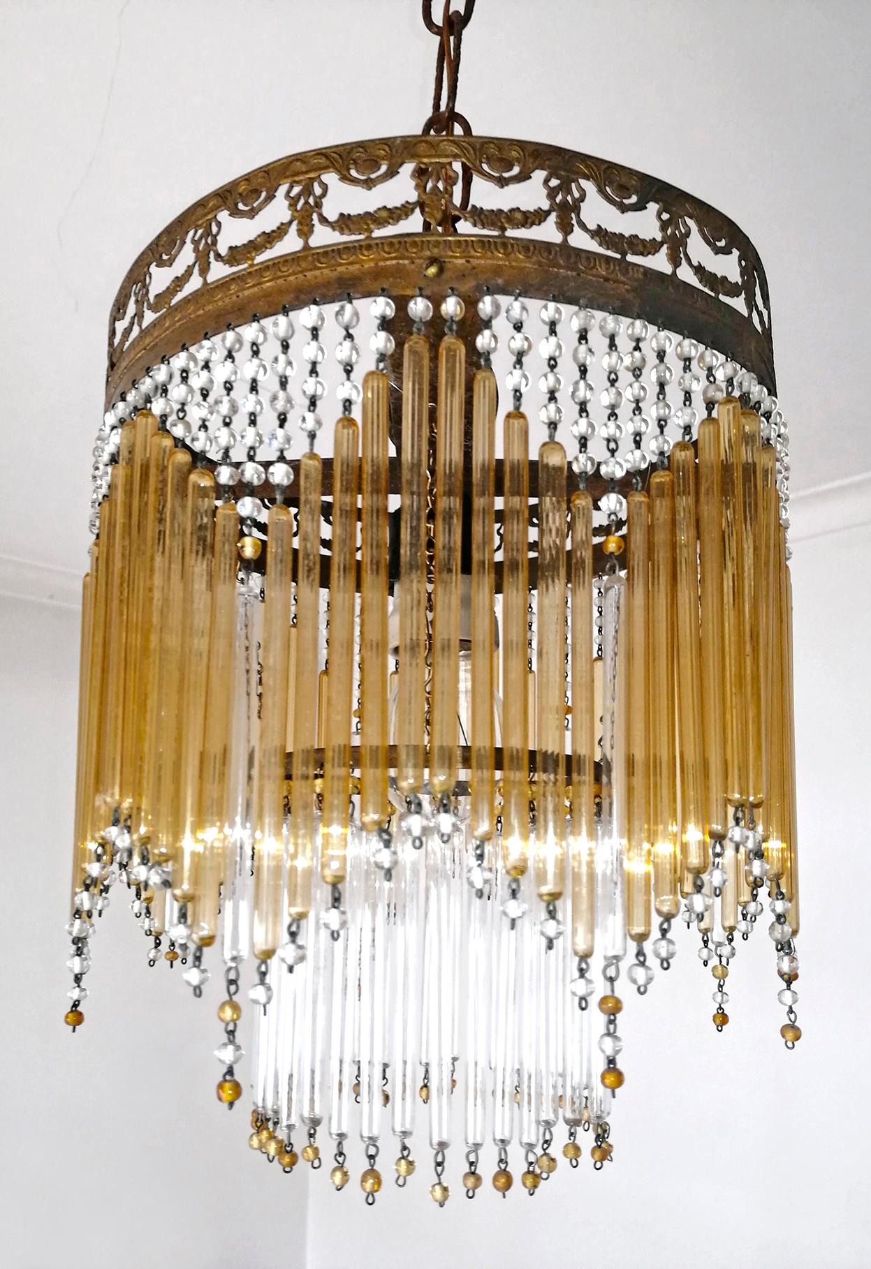 French Art Deco & Art Nouveau Amber Straw Fringe & Beaded Glass Chandelier c1920 In Good Condition In Coimbra, PT