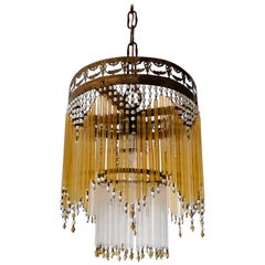 French Art Deco & Art Nouveau Amber Straw Fringe & Beaded Glass Chandelier c1920