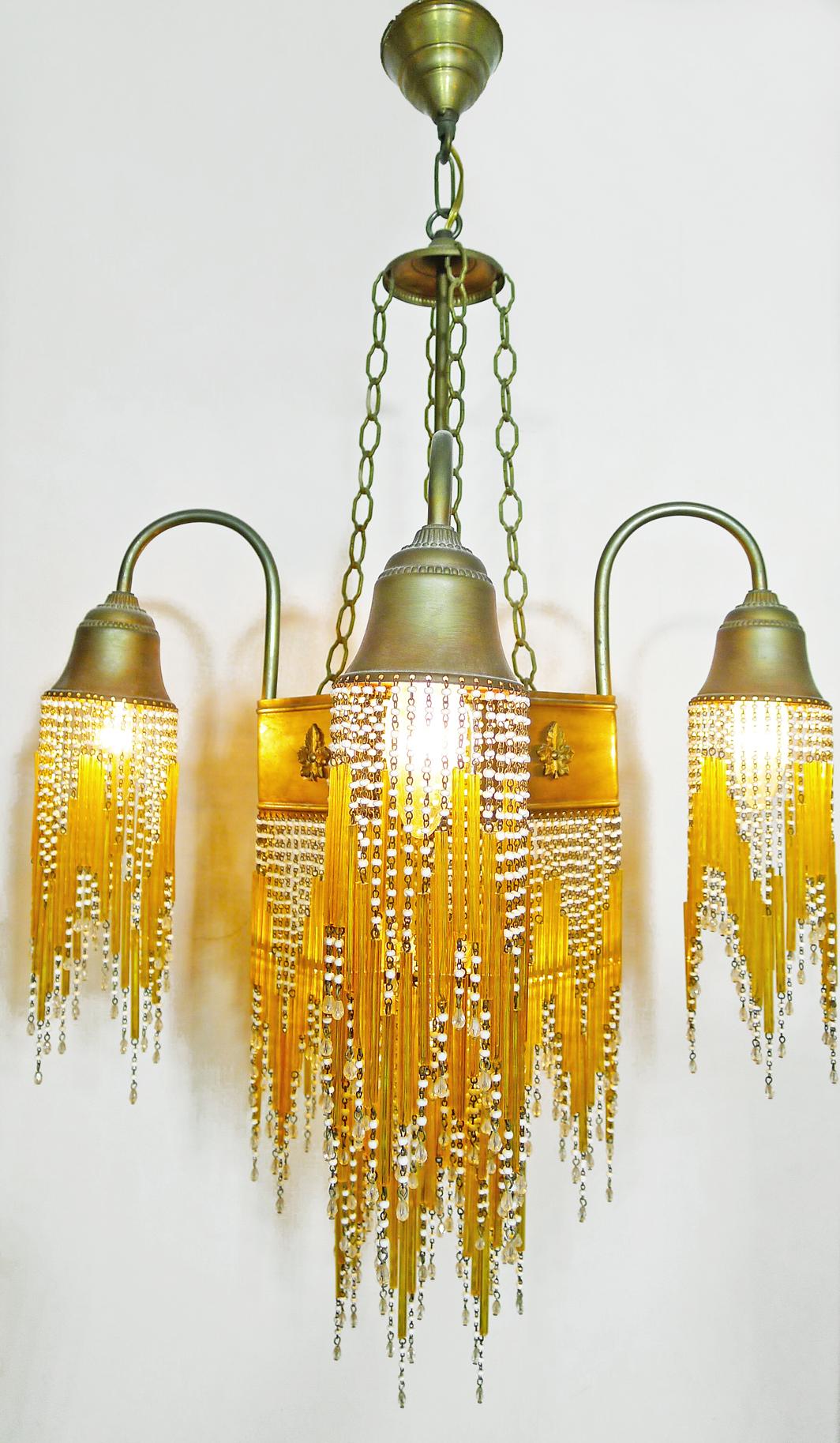 Hollywood Regency French Art Deco & Art Nouveau Amber Straw Fringe & White Beaded Glass Chandelier