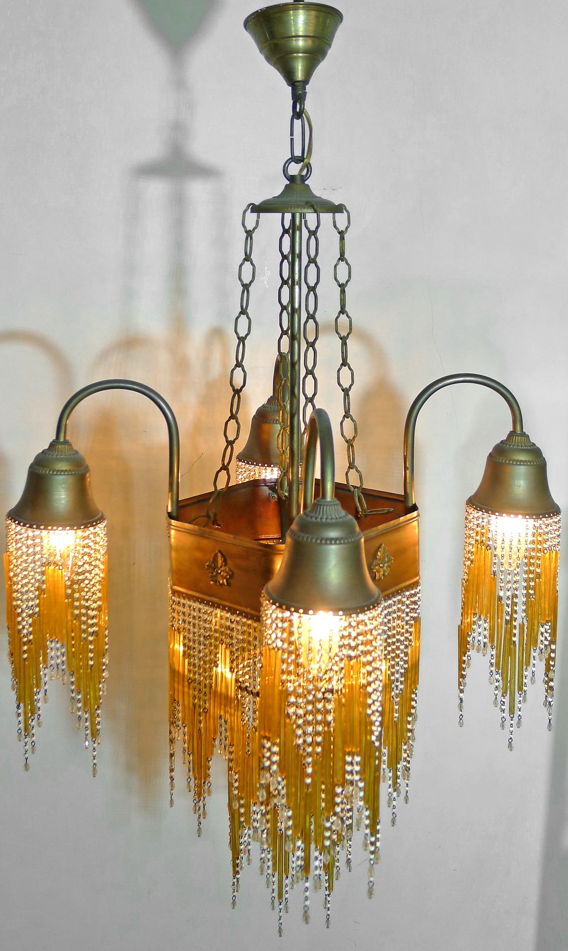 French Art Deco & Art Nouveau Amber Straw Fringe & White Beaded Glass Chandelier In Excellent Condition In Coimbra, PT