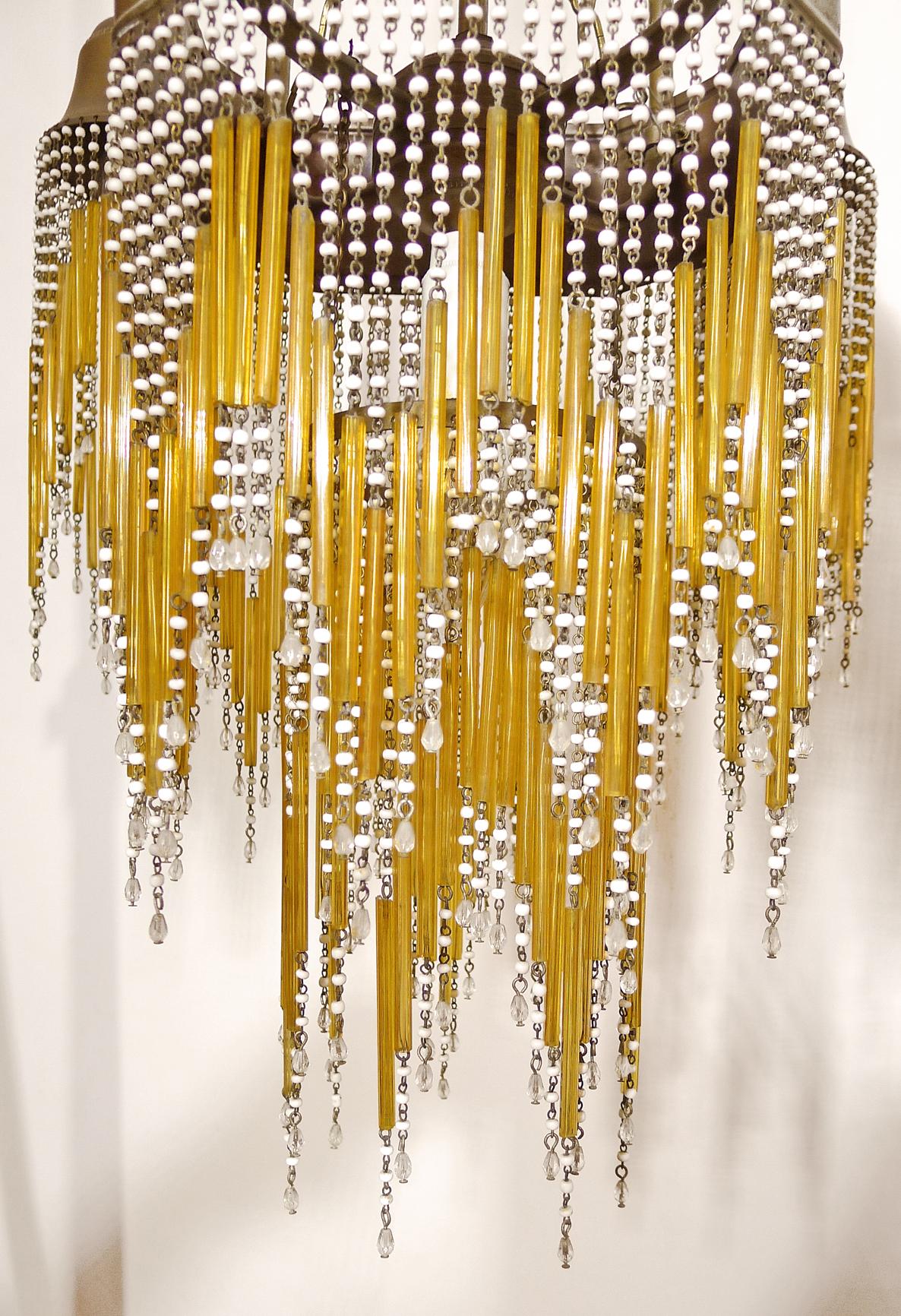 20th Century French Art Deco & Art Nouveau Amber Straw Fringe & White Beaded Glass Chandelier