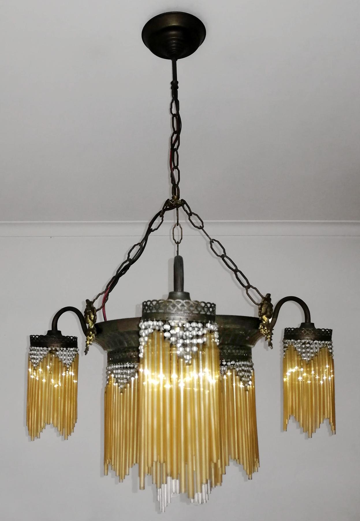 20th Century French Art Deco & Art Nouveau Beaded Amber Glass Fringe 7-Light Chandelier c1920