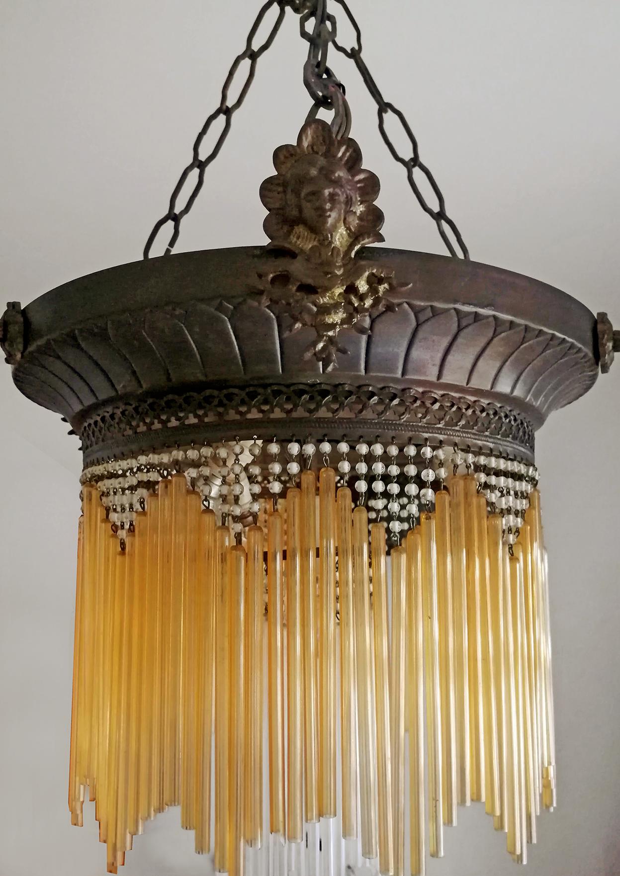 French Art Deco & Art Nouveau Beaded Amber Glass Fringe 7-Light Chandelier c1920 1