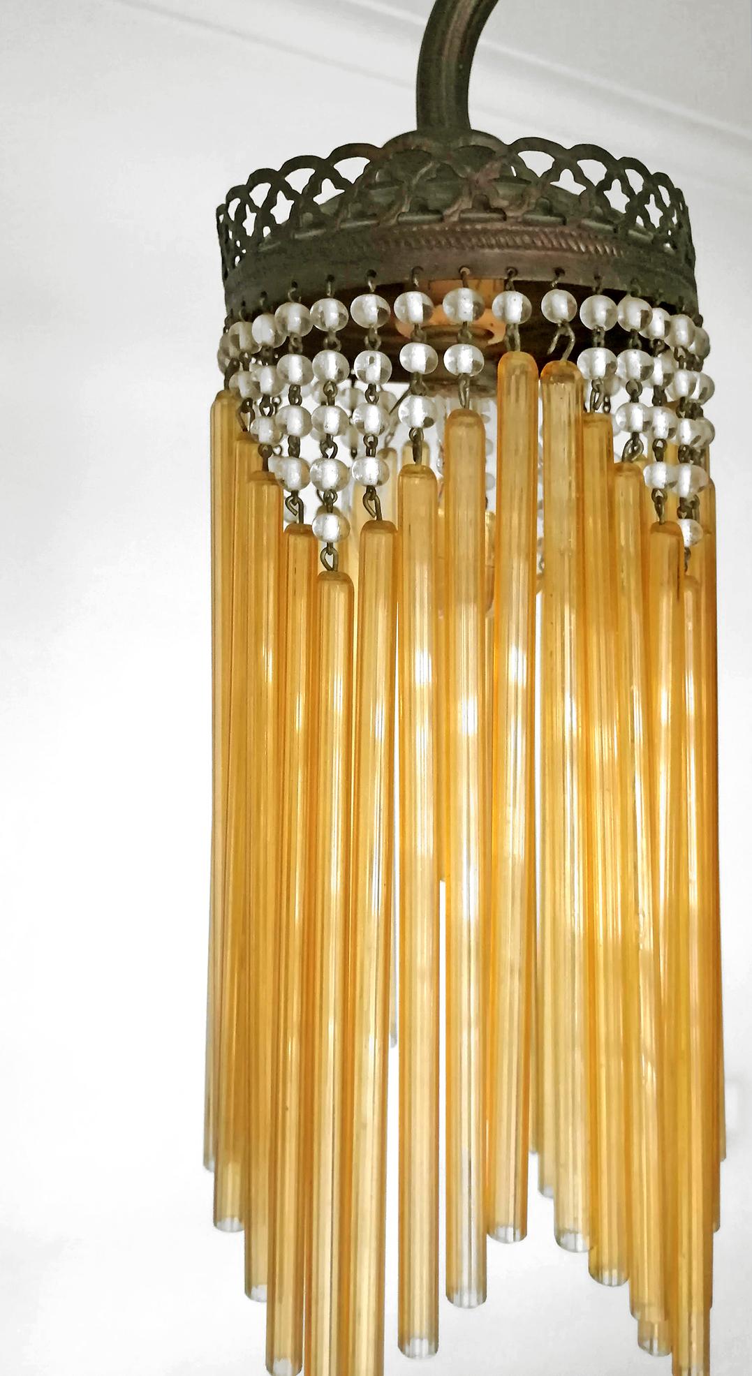 French Art Deco & Art Nouveau Beaded Amber Glass Fringe 7-Light Chandelier c1920 3