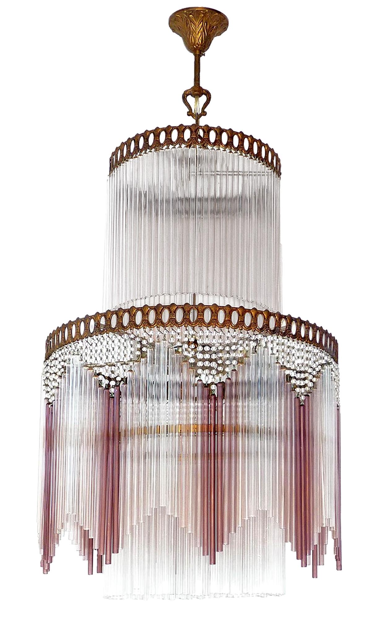 Fabulous French Art Deco and Art Nouveau gilt chandelier with glass beads and pink glass straws.
Measures:
Diameter 16 in/ 40 cm
Height 36 in/ 90 cm
Weight 12 lb/ 5 Kg
5 light bulbs E14/ good working condition
Assembly required. Bulbs not included.