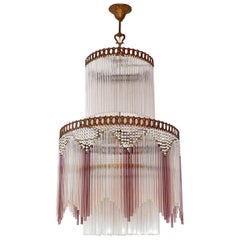 Vintage French Art Deco, Art Nouveau Beaded & Pink Glass Fringe Gilt 5-Light Chandelier