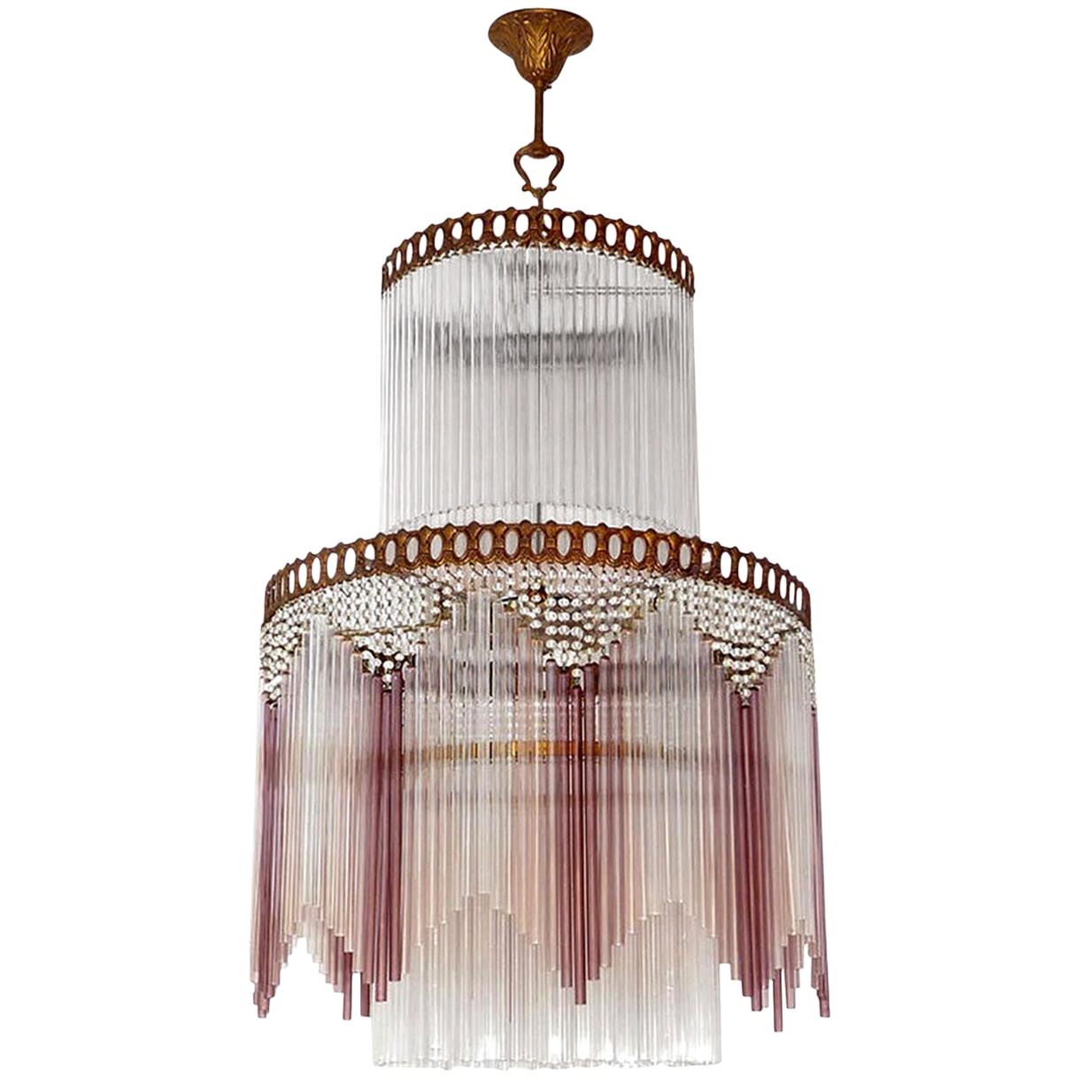 French Art Deco, Art Nouveau Beaded & Pink Glass Fringe Gilt 5-Light Chandelier For Sale