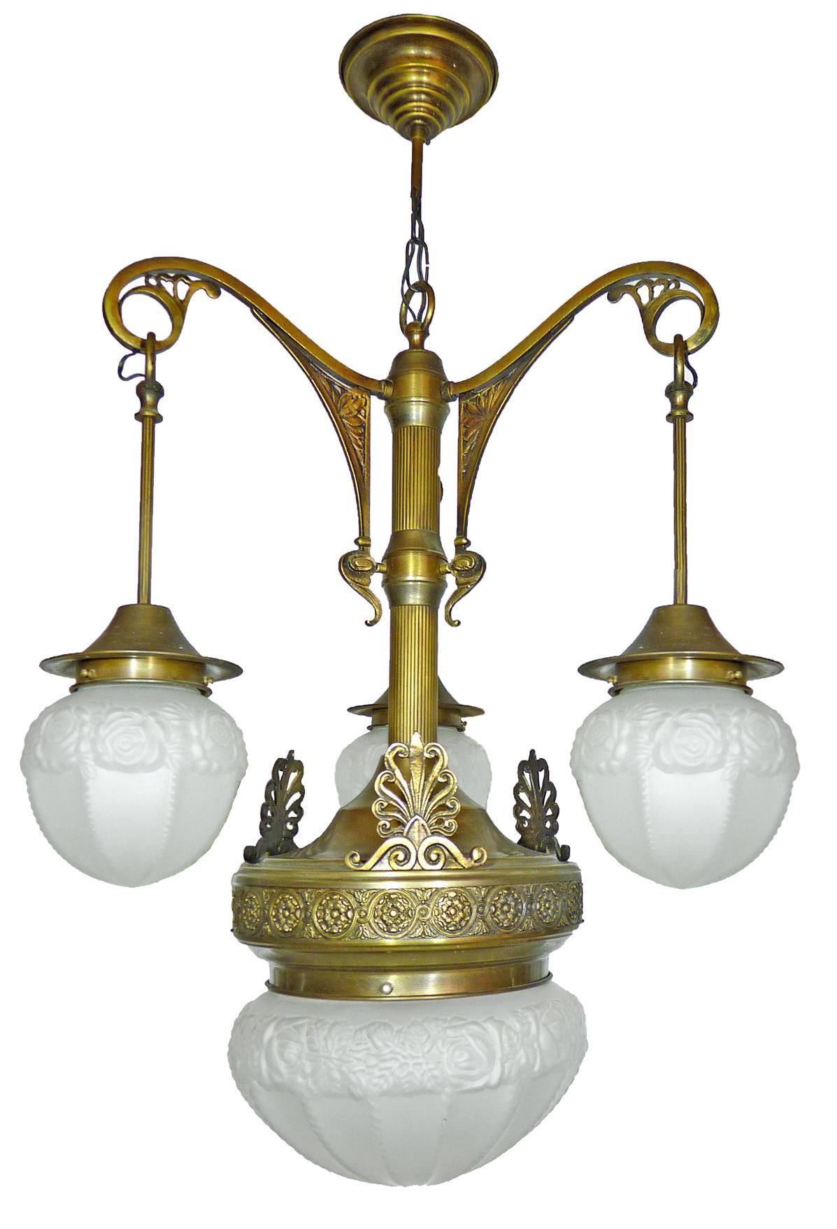 French Art Deco Art Nouveau Brass in Degué Style Molded Frosted Glass Chandelier In Good Condition In Coimbra, PT