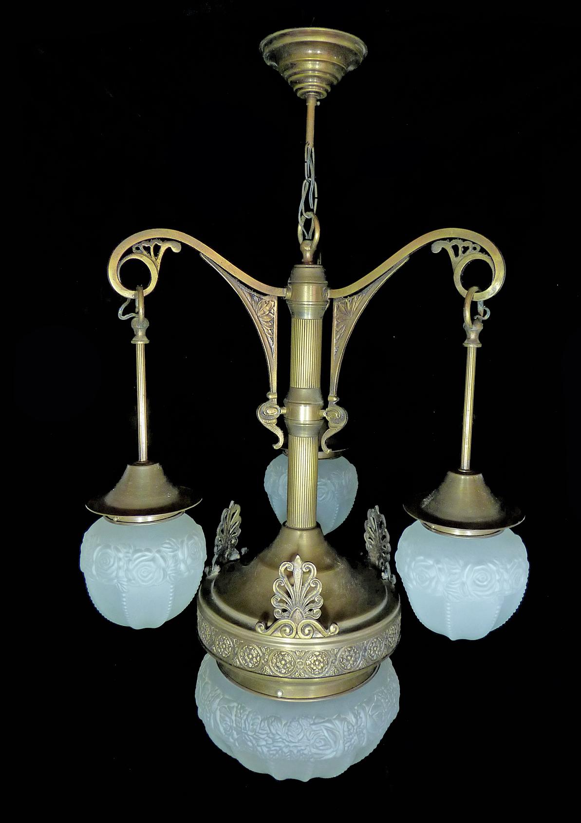 French Art Deco Art Nouveau Brass in Degué Style Molded Frosted Glass Chandelier 1