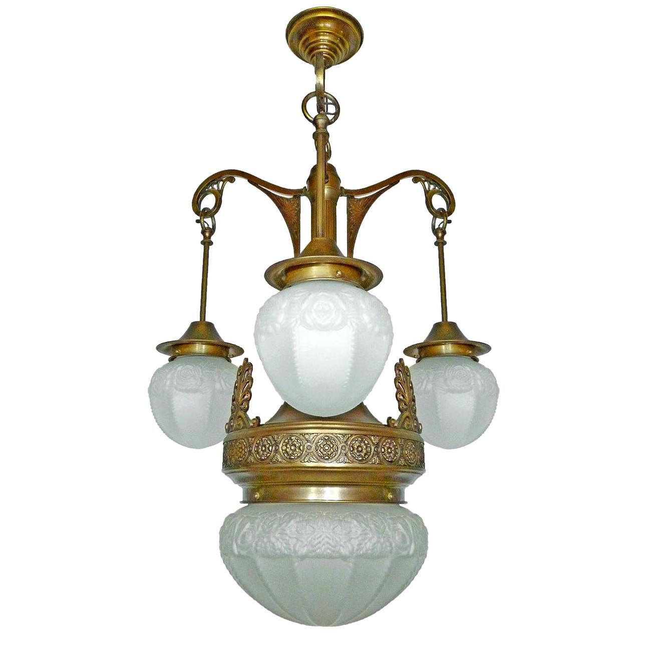 French Art Deco Art Nouveau Brass in Degué Style Molded Frosted Glass Chandelier