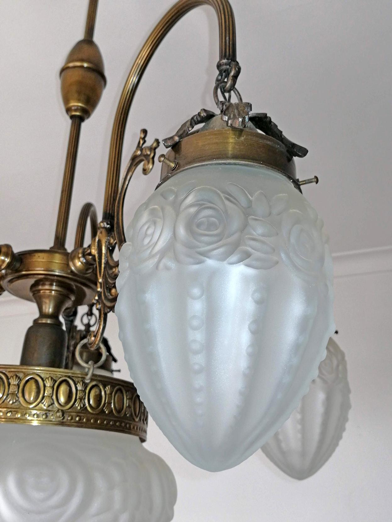 French Art Deco & Art Nouveau Bronze Color Brass in Degué Style Glass Chandelier For Sale 1