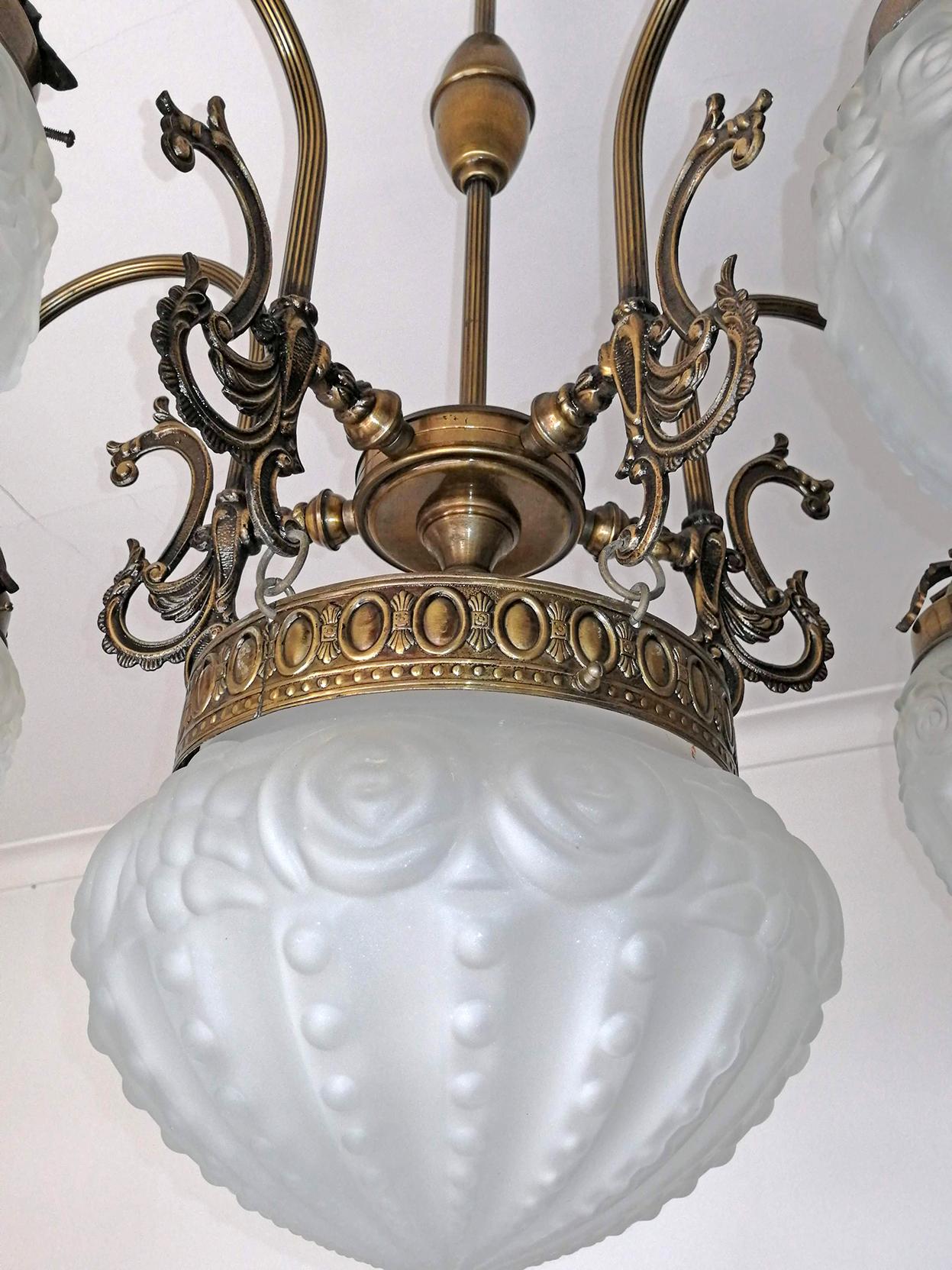 French Art Deco & Art Nouveau Bronze Color Brass in Degué Style Glass Chandelier For Sale 2