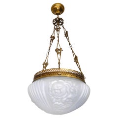 French Art Deco & Art Nouveau Chandelier in Frosted Glass & Gilt Bronze Ornament