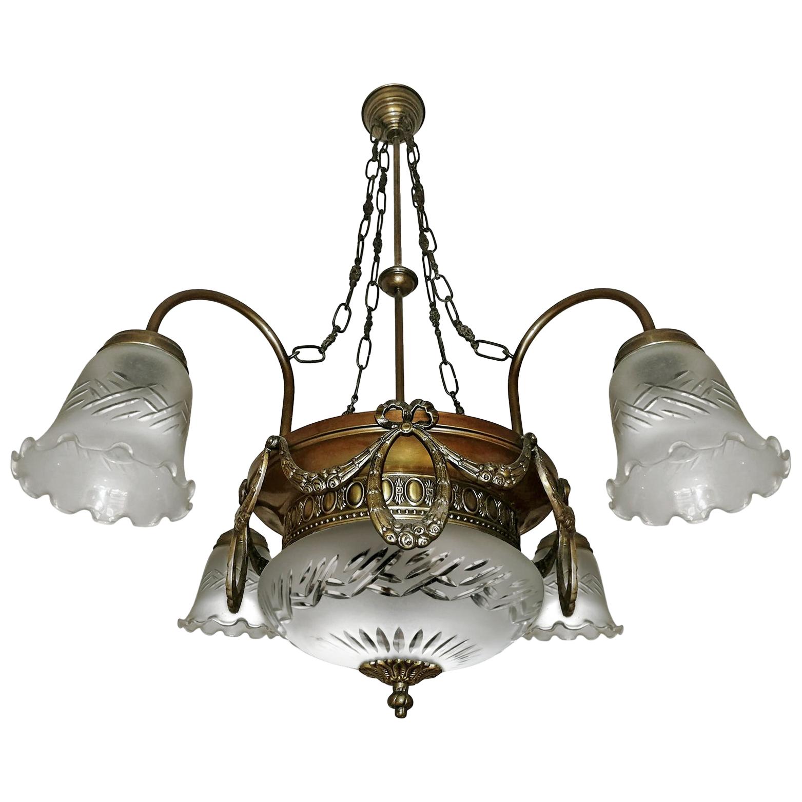 French Art Deco & Art Nouveau Cut Etched Glass and Gilt Brass 6-Light Chandelier For Sale