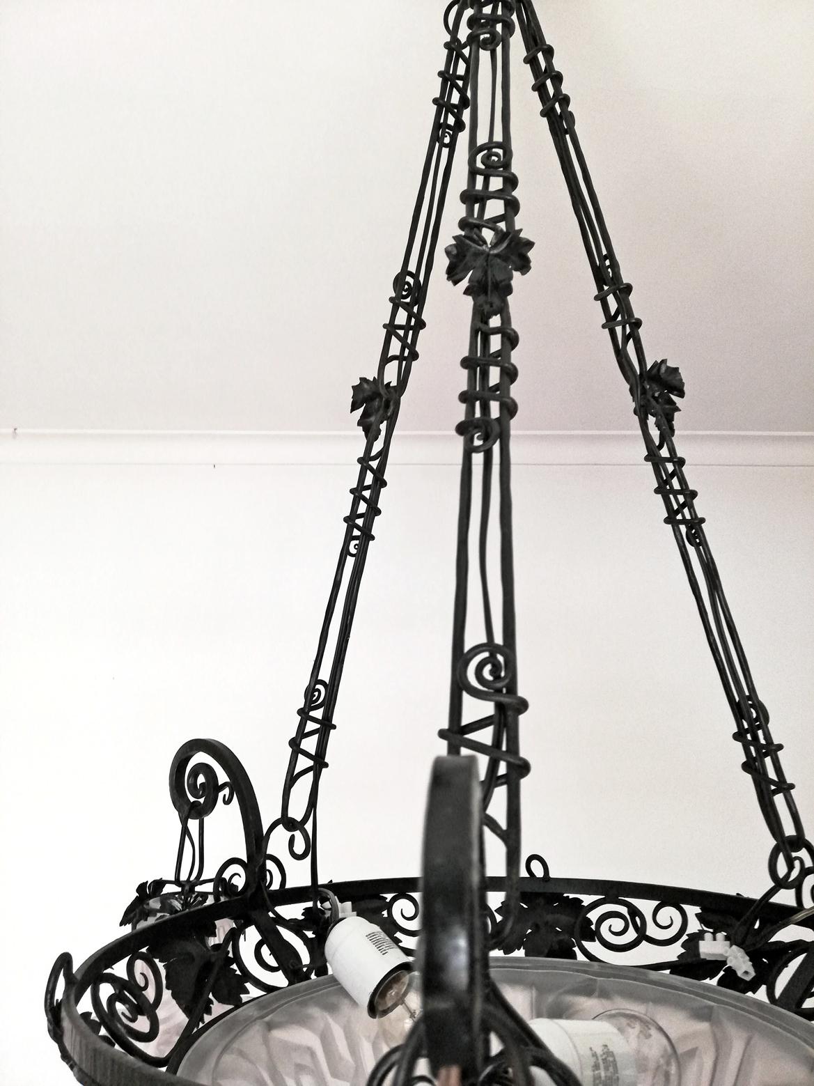 French Art Deco Art Nouveau Forged Iron Chandelier or Pendant Signed Degue 1930 8