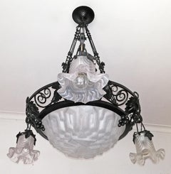 Französischer schmiedeeiserner Kronleuchter im Art déco- und Jugendstil, signiert Degue, 1920