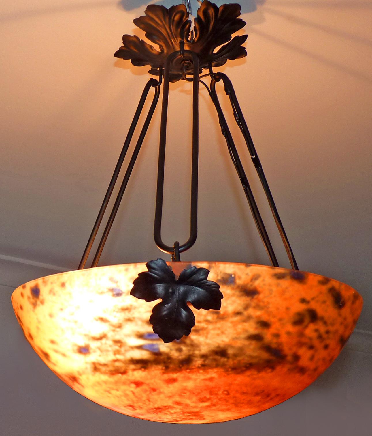 French Art Deco Art Nouveau Forged Iron Pendant or Chandelier Signed In Excellent Condition In Coimbra, PT