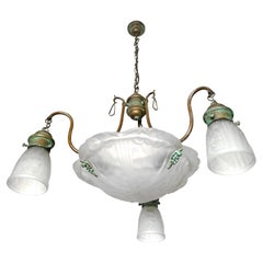 French Art Deco Art Nouveau Frosted Glass and Brass Chandelier