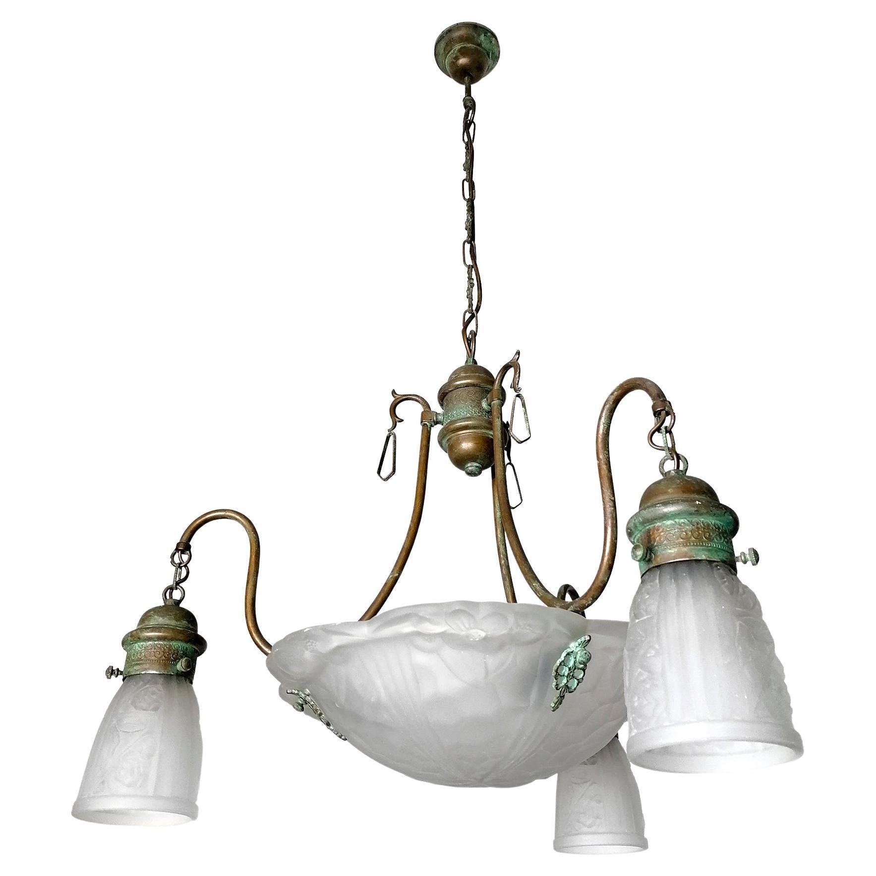 Molded French Art Deco Art Nouveau Frosted Glass and Brass Chandelier For Sale